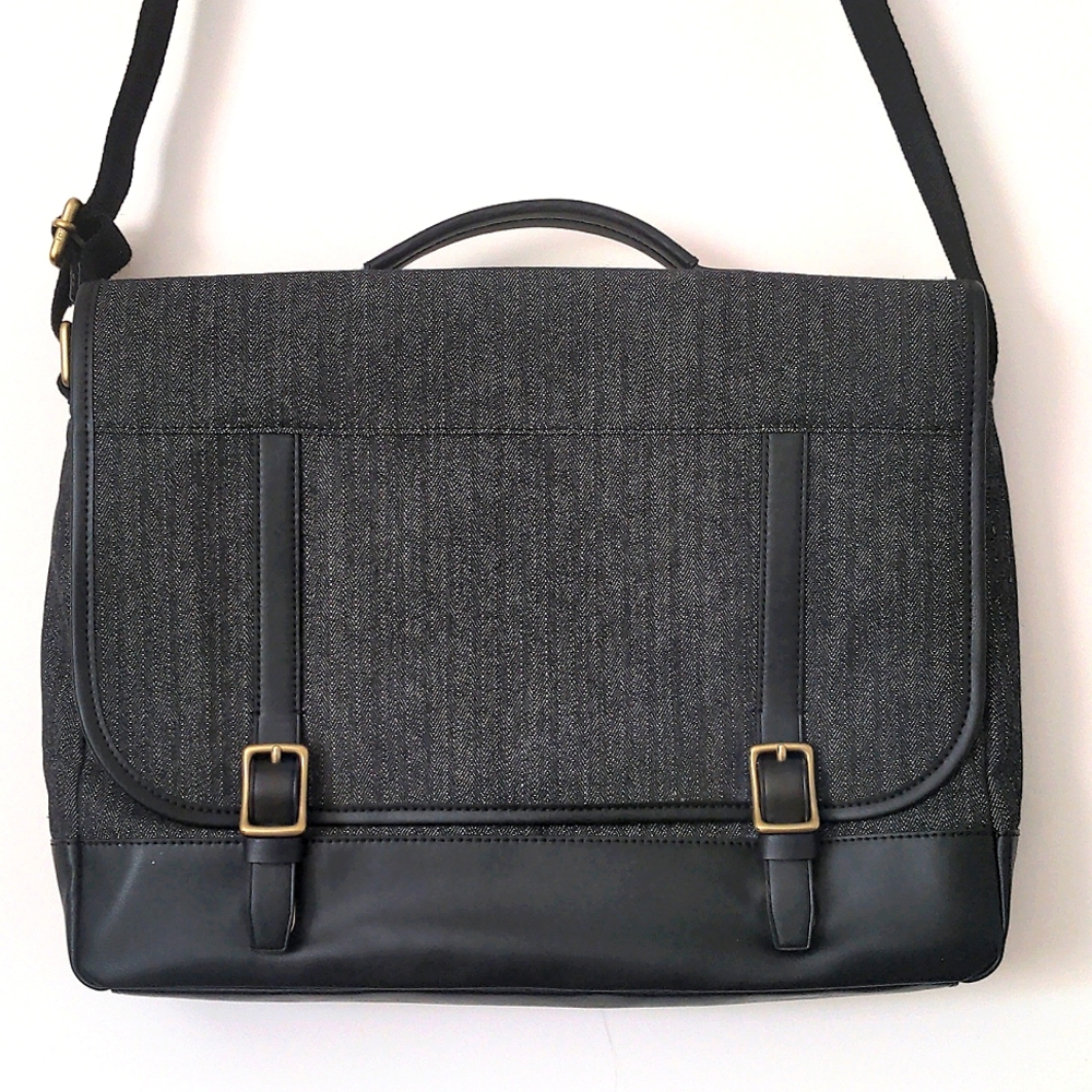 Grey pinstripe with black leather trim